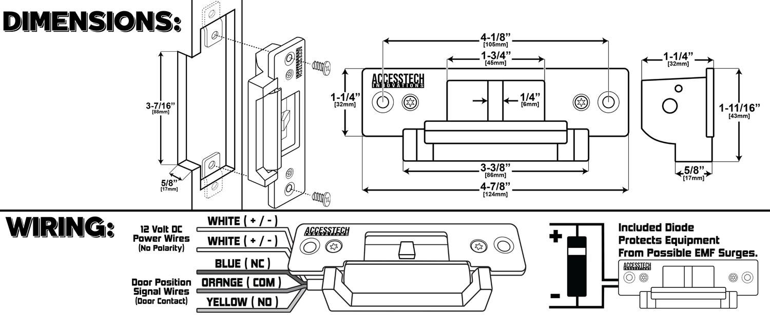 Electric door strike dimensions wiring diagram and door frame cutout with diode for emf protection
