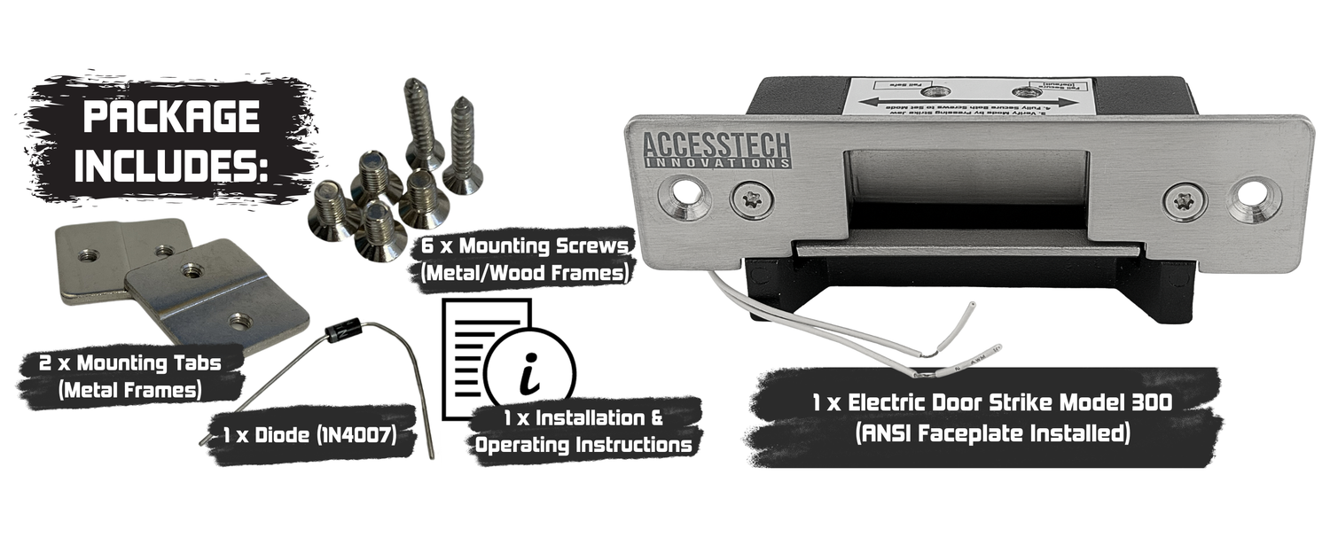 Package includes electric strike body ANSI faceplate, screws, mounting tabs, diode and instructions
