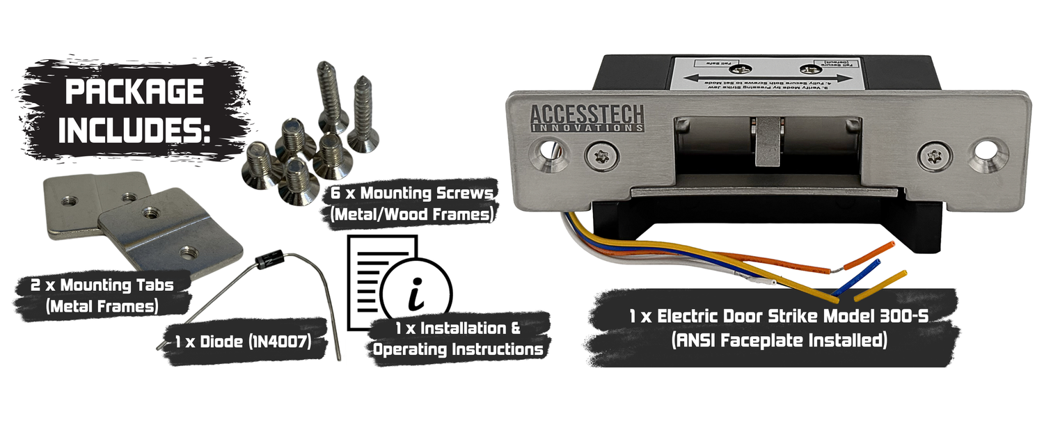 Package includes electric strike body ANSI faceplate, screws, mounting tabs, diode and instructions