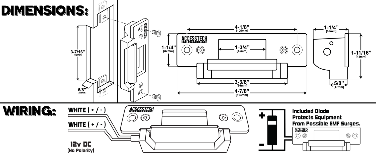 Electric door strike dimensions wiring diagram and door frame cutout with diode for emf protection